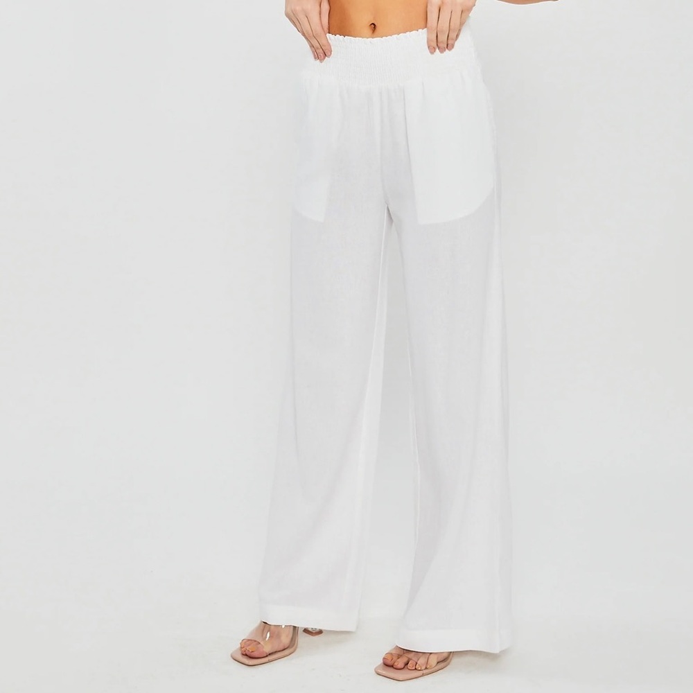 Love Tree White Linen Wide Leg Elastic Waistband Trousers